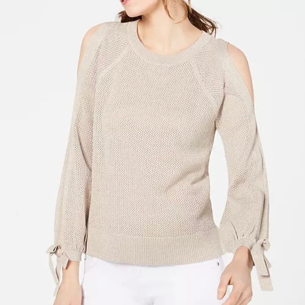 INC International Concepts Metallic Split Sleeve Pullover Sweater Tan Small